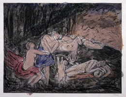 Leon Kossoff / 
Cephalus and Aurora, 1985 / 
hand colored etching & aquatint / 
Image: 18 x 21 7/8 in (45.7 x 55.6 cm) / 
Paper: 22 1/8 x 30 in (56.2 x 76.2 cm) / 
Framed: 27 x 32 in (68.6 x 81.3 cm)