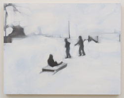 Rebecca Campbell / 
Sled, Dad, Clancy, Ralph, 2014 / 
oil on board / 
11 x 14 in. (27.9 x 35.6 cm) / Private collection