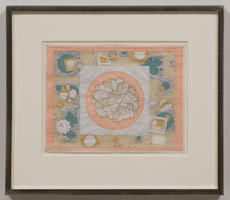 Tom Wudl / 
Instruments of Good Fortune, 2013 / 
pencil, gouache, ink, gold leaf, and gold powder on vellum with collage / 
8 3/4 x 11 1/4 in. (22.2 x 28.6 cm) / 
Framed: 15 1/4 x 17 1/2 in. (38.7 x 44.5 cm)