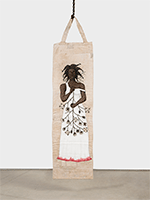 Alison Saar / 
Uproot, 2022 / 
charcoal and acrylic on vintage cotton picking bag, found hooks and chain / 
106 x 27 1/2 in. (269.2 x 69.9 cm) / 
Collection Jordan Schnitzer Family Foundation