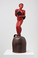Alison Saar / 
Pan Dance Djin, 2020 / 
wood, enamel, found ceramic jug and mini iron skillets / 
31 x 9 x 9 in. (78.7 x 22.9 x 22.9 cm)