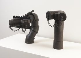 Ben Jackel / 
NY Standpipes with Spikes, 2012 / 
stoneware, beeswax, and ebony / 
overall: 20 x 26 x 13 in (50.8 x 66 x 33 cm) 