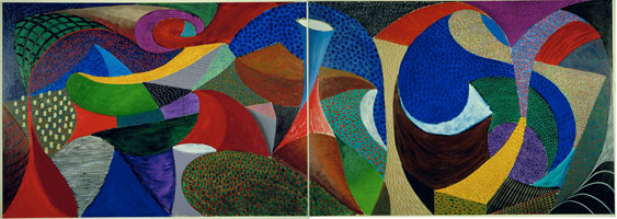 Snails Space, 1995 / 
oil on 2 canvases / 
84 x 240 in (213.4 x 609.6 cm) overall