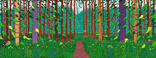 David Hockney / 
The Arrival of Spring in Woldgate, East Yorkshire, 2011 / 
oil on 32 canvases / 
365.8 x 975.4 in. (929.1 x 2477.5 cm)
