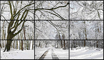 David Hockney / 
Woldgate Woods, Winter, 2010, 2010 / 
9 digital videos synchronized and presented on 9 monitors to comprise a single artwork / 
duration: 49:00 / 
10 x 17 x 19 in. (25.4 x 43.2 x 48.3 cm)