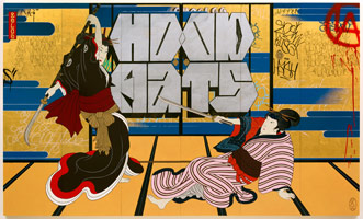 Gajin Fujita / 
Hood Rats / 
spray paint, paint markers, Mean Streak, and gold leaf
on wood panels / 
each panel: 72 x 20 in (182.9 x 50.8 cm) / 
overall: 72 x 120 in. (182.9 x 304.8 cm) 