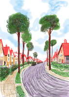 David Hockney / 
Cardigan Road, Brid., 2008 / 
      inkjet printed computer drawing on paper / 
      44 3/4 x 32 in. (113.7 x 81.3 cm) / 
      Private collection
