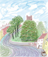 David Hockney / 
Kilham with Church, 2008 / 
      inkjet printed computer drawing on paper / 
      40 3/4 x 34 in. (103.5 x 86.4 cm) / 
      Private collection