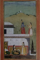 Rajasthani Painting / Two Maids Carry Messages Between Radha and_Krishna, 1725 / 
watercolor / 
10 1/2 x 5 7/8 in (26.7 x 14.9 cm)
Private collection
