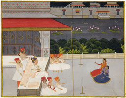Unknown (India, Rajasthan, Jaipur School) / 
Thakur Gyan Singh of Karera Listening to Singers, circa 1780 / 
opaque watercolor and gold on paper / 
Paper: 11 3/4 x 15 1/8 in. (29.8 x 38.4 cm) / 
Framed: 19 1/2 x 22 1/2 in. (49.5 x 57.2 cm) / 
Private collection