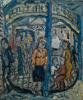 Leon Kossoff / 
Outside the Booking Hall, Kilburn Underground station, 1980 / 
Oil on board / 
72 x 60 in (182.9 x 152.4 cm)