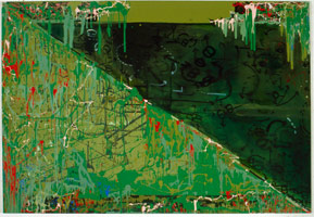 Lydia Dona / 
Triangulating the Abyss of Molecular Voids and the Foreign Spaces, 1993 / 
oil, acrylic, sign paint on canvas / 
58 x 84 in (147.3 x 213.4 cm) / 
Private collection