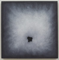 Shirazeh Houshiary<BR>
Sight, 2011<BR>
white and red pencil and white acquacryl on black aquacryl on canvas and aluminum<BR>
27.56 x 27.56 in. (70 x 70 cm)
