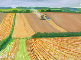 David Hockney / 
Harvesting Near The Road To Thwing, 2006 / 
      oil on canvas / 
      Canvas: 36 x 48 in. (91.4 x 121.9 cm) Framed: 36 3/4 x 48 3/4 in. (93.3 x 123.8 cm) / 
      Private collection 
