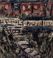 Leon Kossoff / 
Between Kilburn & Willesden Green, Autumn, 1987 / 
      oil on panel / 
      24 x 22 in. (61 x 55.9 cm) / 
      Private collection 