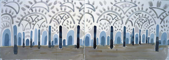 David Hockney / 
Andalucia. Mosque. Cordova, 2004 / 
watercolor on paper (two sheets) / 
Sheet: 29 1/2 x 83 in (74.9 x 210.8 cm)  / 
Framed: 33 1/2 x 87 in (84.5 x 221 cm) / 
Private collection
