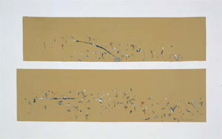 Fred Williams / 
Australian Landscape (double strip) (Australian Landscape Series), 1969 / 
gouache on arches paper / 
Paper: 22 1/4 x 30 1/8 in (56.5 x 76.4 cm)  / 
Top image: 5 3/4 x 23 1/4 in (14.5 x 59 cm) / 
Bottom image: 6 5/8 x 24 in (17 x 61 cm) / 
Framed: 26 1/2 x 37 in (67.3 x 94 cm)
