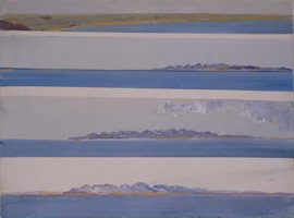 Fred Williams / 
Wilson's Promontary, across Waratah Bay II, 1971 / 
gouache on paper / 
23 1/4 x 31 3/8 in (59 x 79.5 cm)
