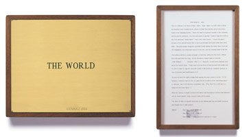 Edward Kienholz / 
The World, 1964 / 
concept tableau / 
plaque: 9 1/4 x 11 3/4 in (23.5 x 29.8 cm) / 
framed concept: 13 3/8 x 9 1/4 in (33.7 x 23.5 cm)          