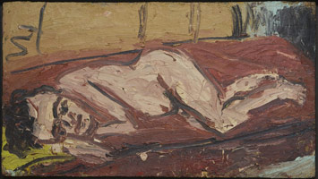 Leon Kossoff / 
Nude on a Red Bed, 1969 / 
oil on board / 
30 1/4 x 54 in (77 x 137 cm)