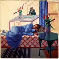 David Hockney / 
Model with Unfinished Self-Portrait, 1977 / 
oil on canvas / 
60 x 60 in. (152.4 x 152.4 cm)