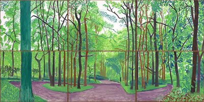 David Hockney / 
Woldgate Woods III, May 20 & 21, 2006 / 
      oil on 6 canvases  / 
      Each Canvas: 36 x 48 in. (91.4 x 121.9 cm) / 
      Framed Overall: 73 1/2 x 146 1/2 in. (186.7 x 372.1 cm) / 
      Not for sale 