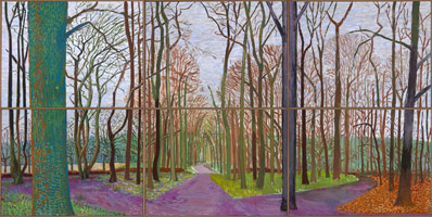 David Hockney / 
Woldgate Woods, March 30 - April 21, 2006 / 
oil on 6 canvases  / 
Each Canvas: 36 x 48 in. (91.4 x 121.9 cm) / 
Framed Overall: 73 1/2 x 146 1/2 in. (186.7 x 372.1 cm)