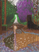David Hockney / 
The Arrival of Spring in Woldgate, East Yorkshire in 2011 (twenty eleven) / - 18 December / 
iPad drawing printed on four sheets of paper, mounted on four sheets of Dibond / 
96 x 72 in. (244 x 183 cm) framed / 
Edition of 10 / 
Private collections