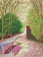 David Hockney / 
The Arrival of Spring in Woldgate, East Yorkshire in 2011 (twenty eleven) / - 2 January / 
iPad drawing printed on four sheets of paper, mounted on four sheets of Dibond / 
96 x 72 in. (244 x 183 cm) framed / 
Edition of 10