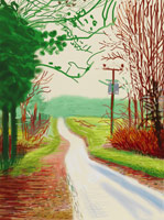 David Hockney / 
The Arrival of Spring in Woldgate, East Yorkshire in 2011 (twenty eleven)  / - 23 February / 
iPad drawing printed on paper / 
57 x 44 in. (145 x 112 cm) framed  / 
Edition of 25 / 
Private collections