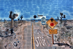 Pearblossom Highway, 11-18th, April, 1986, #1 / 
photocollage / 
Chromogenic prints mounted on paper honeycomb panel
47 x 46 1/2  in. (119.4 x 118.1 cm) / 
The J. Paul Getty Museum, Los Angeles