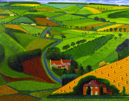 David Hockney<br>The Road Across the Wolds, 1997<BR>
Oil on canvas<BR>
47 1/2 x 59 3/4 (121 x 152 cm)<BR>
Private collection