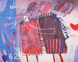 David Hockney / 
We Two Boys Together Clinging, 1961 / 
oil on board / 
48 x 60 in (121.9 x 152.4 cm)