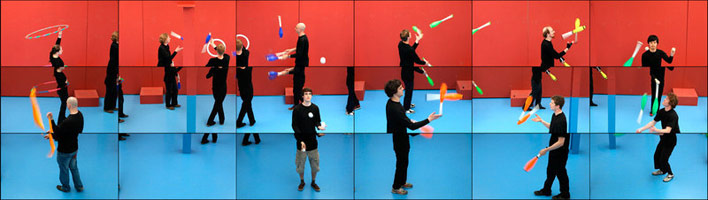 David Hockney / 
still from The Jugglers, June 24th 2012, 2012 / 
Eighteen-screen video installation, color, sound; 9 min. © David Hockney.  / Image courtesy Hockney Pictures and Pace Gallery