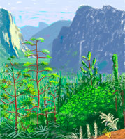 David Hockney / 
Yosemite I, October 16th 2011 / 
iPad drawing printed on four sheets of paper, mounted on four sheets of Dibond / 
each panel: 39 x 35 in. (99 x 88.9 cm) / 
overall: 78 x 70 in. (198.1 x 177.8 cm) / 
Edition of 12
