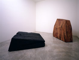 Red & Black, 1996 / 
sequoia / 
two elements: 67 x 59 x 32 in (170.2 x 149.9 x 81.3 cm)(red) / 
28 x 67 x 49 in (71.1 x 170.2 x 124.5 cm)(black) / 
Private collection