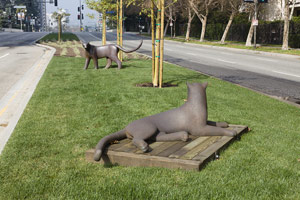 Gwynn Murrill<br>
Standing Panther, 2011<br>
bronze<br>
44 x 84 x 45 in. (111.8 x 213.4 x 114.3 cm)<br><br>

Reclining Panther, 2012<br>
bronze<br>
28 1/2 x 99 x 43 in. (72.4 x 251.5 x 109.2 cm)