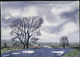 David Hockney / 
Trees & Puddles. East Yorkshire. 30 III 04, 2004 / 
watercolor on paper / 
Unframed: 29 1/2 x 41 1/2 in (74.5 x 105.4 cm)  / 
Framed: 32 3/4 x 44 1/2 in (83.2 x 113 cm) / 
Private collection
