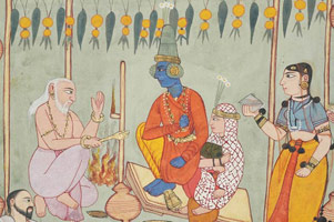 Unknown (India, Rajasthan, Bikaner School), / 
      The Wedding of Krishna / 
      Illustration from a dispersed series of a the Bhagavata Purana (Book
      Ten), circa 1590-1600 / 
      opaque watercolor on paper heightened with gold; wide brown paper borders / 
      Paper: 9 1/2 x 11 7/8 in. (24.1 x 30.2 cm) / 
        / 
      This painting depicts the wedding of Krishna,
      the blue-skinned god who is positioned at the center of the composition.
      The seated newlyweds look on as a Brahmin priest propitiates the gods
      by pouring clarified butter into the sacrificial flame. The
      composition is filled out by another Brahmin priest seated among ritual
      vessels and three female attendants carrying platters of flowers and
      food. The
      third attendant at left is exiting a small chamber, its interior the
      rectangular block of red that appears in many illustrations from this
      justly renowned series. 