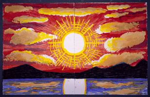 David Hockney / 
Midnight Sun, Norway II, 2003 / 
watercolor on paper (4 sheets) / 
Paper: 52 x 82 in (132.1 x 208.3 cm) / 
Framed: 56 5/8 x 86 3/4 in (143.8 x 220.3 cm) / 
Private Collection