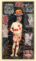 Tom Wudl / 
Henry Flower, A.K.A. Leopold Bloom in Nighttown, 2007 / 
pencil, acrylic, oil and gold leaf on paper / 
Paper: 71 x 46 1/2 in (180.3 x 118.1 cm) / 
Framed: 75 1/4 x 50 3/4 in (191.1 x 128.9 cm)