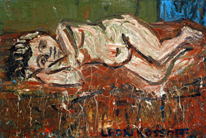 Nude on a Red Bed, 1969 / 
oil on board / 
30 1/4 x 54 in. (76.8 x 137.16 cm) / 
Private collection