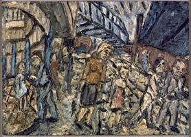 Leon Kossoff / 
Outside Kilburn Underground, Indian Summer: for Rosalind, 1978 / 
oil on board / 
Board: 60  x 84 in (152.4 x 213.4 cm) / 
Framed: 66 1/2 x 90 1/2 in (168.9 x 229.9 cm) / 
Private collection