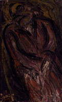 Leon Kossoff / 
Seated Woman, 1957 / 
      oil on board / 
      61 x 36.5 in (154.9 x 92.7 cm) / 
      Private collection