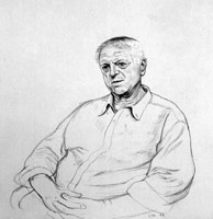 David Hockney / 
Colin St. John Wilson. London. 16th June 1999, 1999 / 
pencil & white crayon on grey paper using a camera lucida / 
15 x 15 in (38.1 x 38.1 cm) / 
16 3/8 x 16 3/8 in (41.6 x 41.6 cm) (fr)