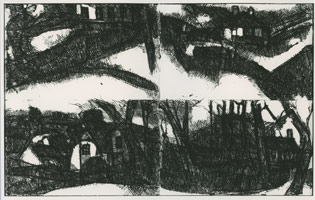 John Virtue / 
Landscape No. 158, 1991 / 
pencil, black ink, shellac, gouache, paper on board / 
10 1/2 x 16 1/2 in (26.7 x 41.9 cm)
