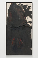 Ed Kienholz / 
Black With White, 1957 / 
mixed media assemblage / 
70 1/4 x 34 1/4 x 1 3/4 in (178.4 x 87 x 4.4 cm) / 
Framed: 71 1/2 x 35 3/4 x 2 in (181.6 x 90.8 x 5.1 cm)