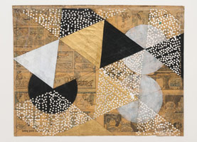 Tom Wudl / Untitled, 1972 / acrylic and gold leaf on newsprint, paper punch / Paper: 20 3/4 x 27 1/8 in. (52.7 x 68.9 cm) / Framed: 28 3/8 x 34 5/8 in. (72.1 x 87.9 cm) / 
Collection of the artist