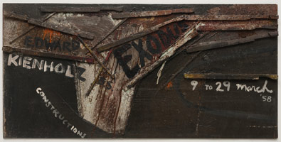 Ed Kienholz / 
Exodus, 1958 / 
oil and wood on plywood with text / 
23 1/2 x 48 x 1 in (59.7 x 121.9 x 2.54 cm) / 
Private collection