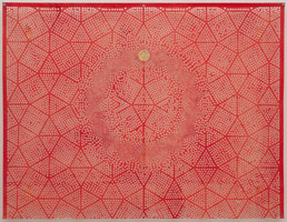Tom Wudl / 
Homage to Buckminster Fuller, 1973 - 1975 / 
acrylic and gold leaf on paper punch / 
28 x 37 in (71.1 x 94 cm) / 
plexi case: 35 x 43 x 3 in (88.9 x 109.2 x 7.6 cm) 